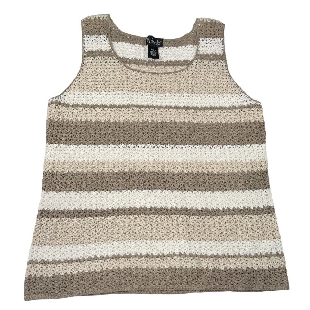 Rafaella Medium Beige Striped Crochet Tank Top Knit Shell Coastal Grandmother
